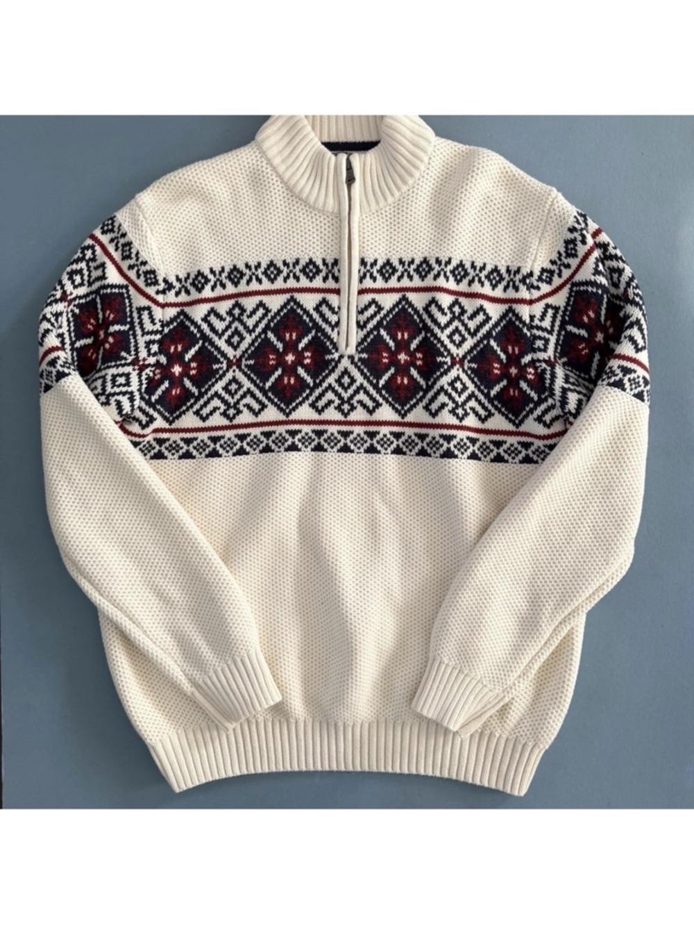 Izod Fair Isle Ivory Knit Nordic Ski Lodge Pullover‎ Mens 1/4 Zip Sweater